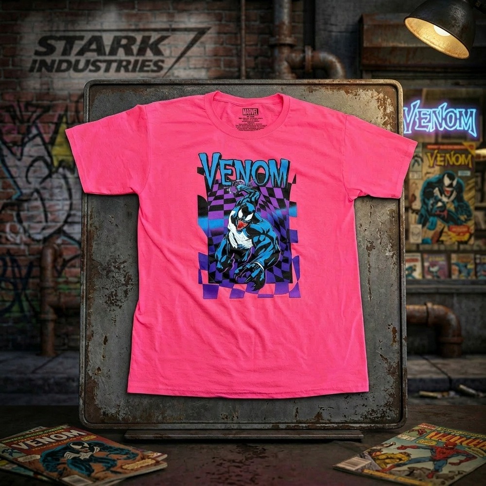 Marvel Venom Graphic T-Shirt Youth Boys Size XL 18 Hot Pink Checkered NWOT